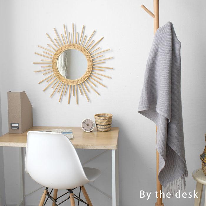 ミラー 鏡 壁掛け ラタン製 おしゃれ 太陽 北欧 軽量 軽い 壁 ウォール