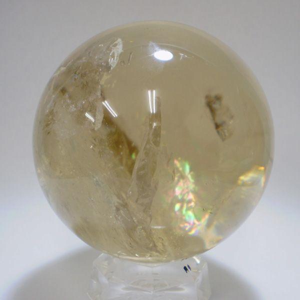 シトリン（黄水晶）の丸玉[レインボー]金属台座付き 逸品 140728-7