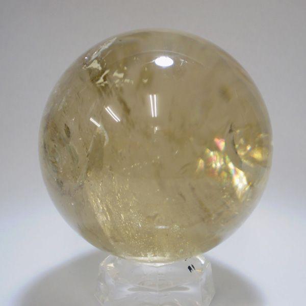 シトリン（黄水晶）の丸玉[レインボー]金属台座付き 逸品 140728-7
