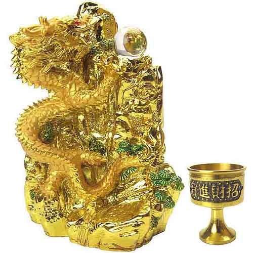 送料無料）☆風水の黄金・山昇龍 ☆天然水晶玉&水盃付き(五本指の皇帝