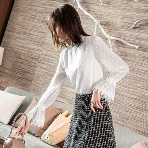 ブラウス レディース 長袖 シャツ レース 白 無地 オフィス 送料無料