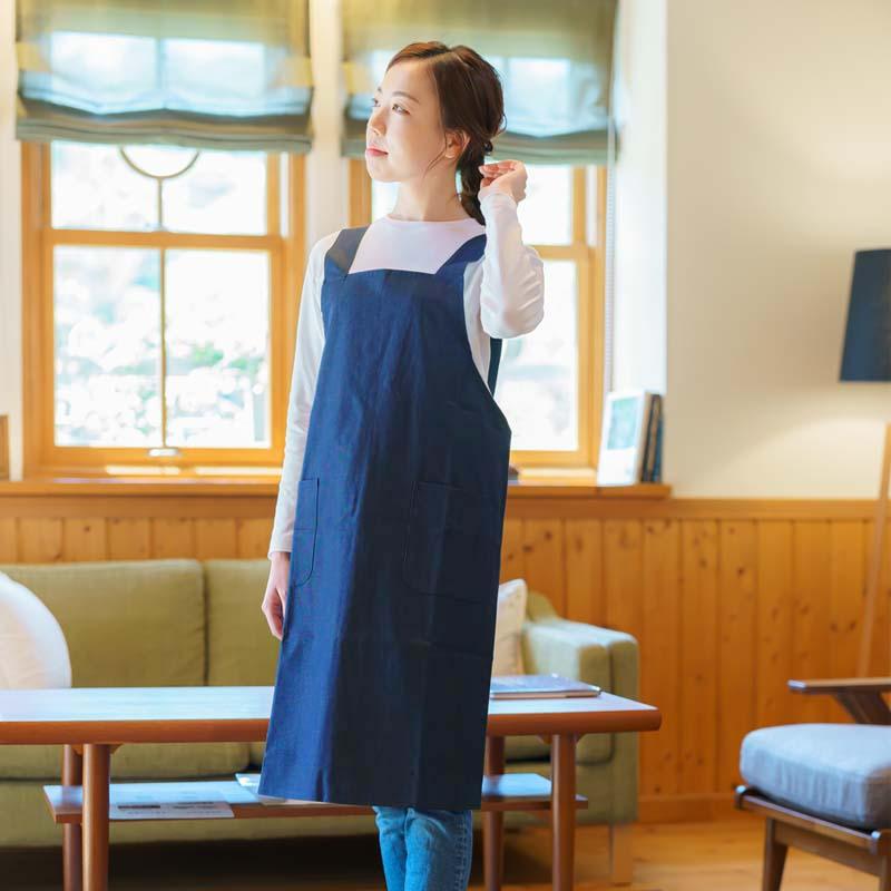 やわらかデニムの割烹着 ハンドメイド やわらかデニムの割烹着