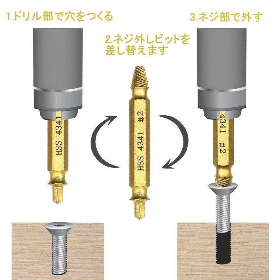 なめたネジはずしビット ドリルビット 4セット なめたネジ外し 潰れたネジ外し ネジ穴が潰れた時 工具セット HSS高速度鋼タイプ ステンレスネジ ナメたボルト｜fzone｜04