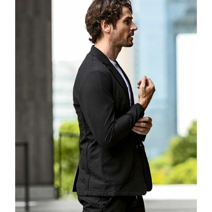 新品1PIU1UGUALE3 RELAX シアサッカー テーラードジャケット黒S 1PIU1UGUALE3 RELAX - ロゴ刺繍シアサッカー ジャケット