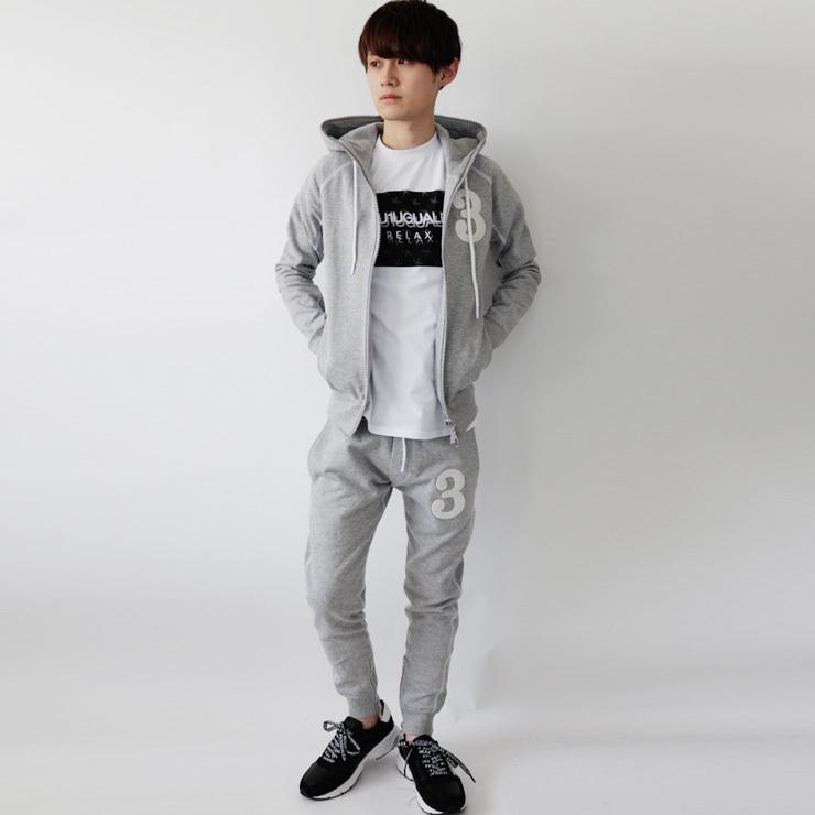 ウノピゥウノウグァーレトレ 1PIU1UGUALE3 ラインストーンジップ刺繍ロゴスウェットパーカー＆パンツセット セットアップ ルームウェア カジュアル ジム すそ幅10 股上25 cmM…約 cmL…約 cmXL…約 ゆき丈90 cmXXL…約 股上24 すそ幅11