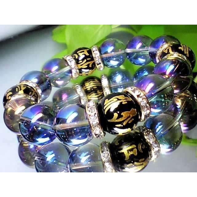 天然石 数珠ブレスレット 天然石七種梵字オニキス・ブルーオーラ14ミリ