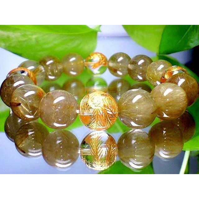 天然石 数珠ブレスレット 最強金彫四神獣水晶・濃密タイチンルチル12
