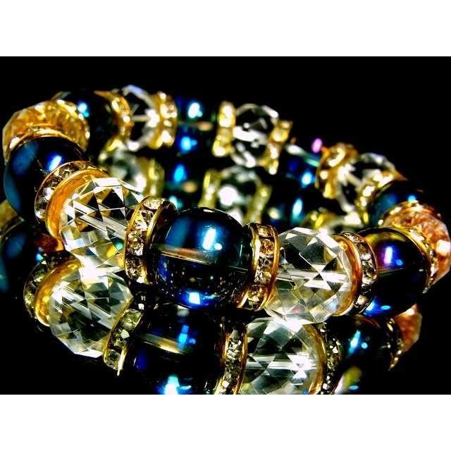 天然石 数珠ブレスレット ダイヤカット64面カット水晶 ブルーオーラ14