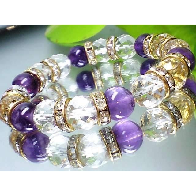 天然石 数珠ブレスレット 紫水晶アメジスト 64面カット水晶10ミリ金