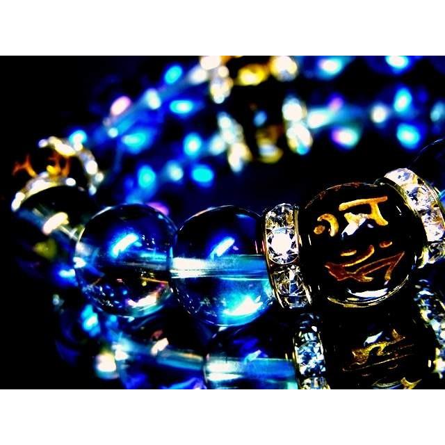 天然石 数珠ブレスレット ブルーオーラ 守り本尊十二支梵字オニキス12