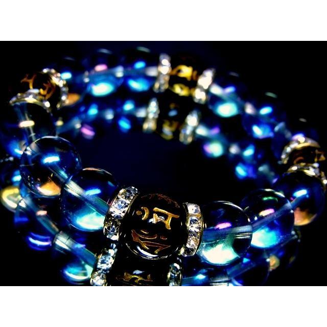 ハンドメイド ブレスレット 黒金天然石の青龍と梵字 天然石 数珠ブレスレット ブルーオーラ 守り本尊十二支梵字オニキス12