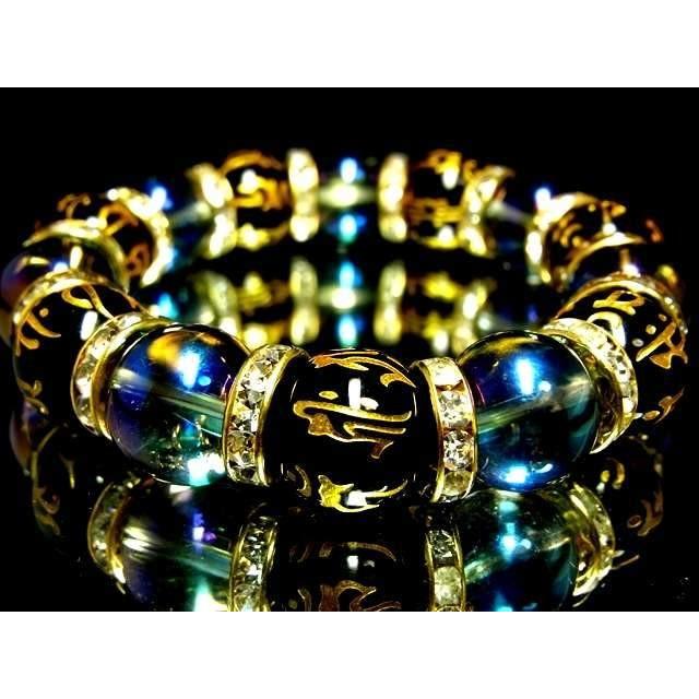 天然石 数珠ブレスレット 十二支梵字オニキス ブルーオーラ14ミリ金