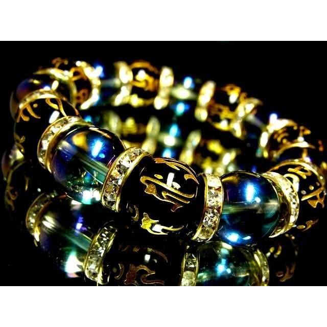 天然石 数珠ブレスレット 十二支梵字オニキス ブルーオーラ14ミリ金