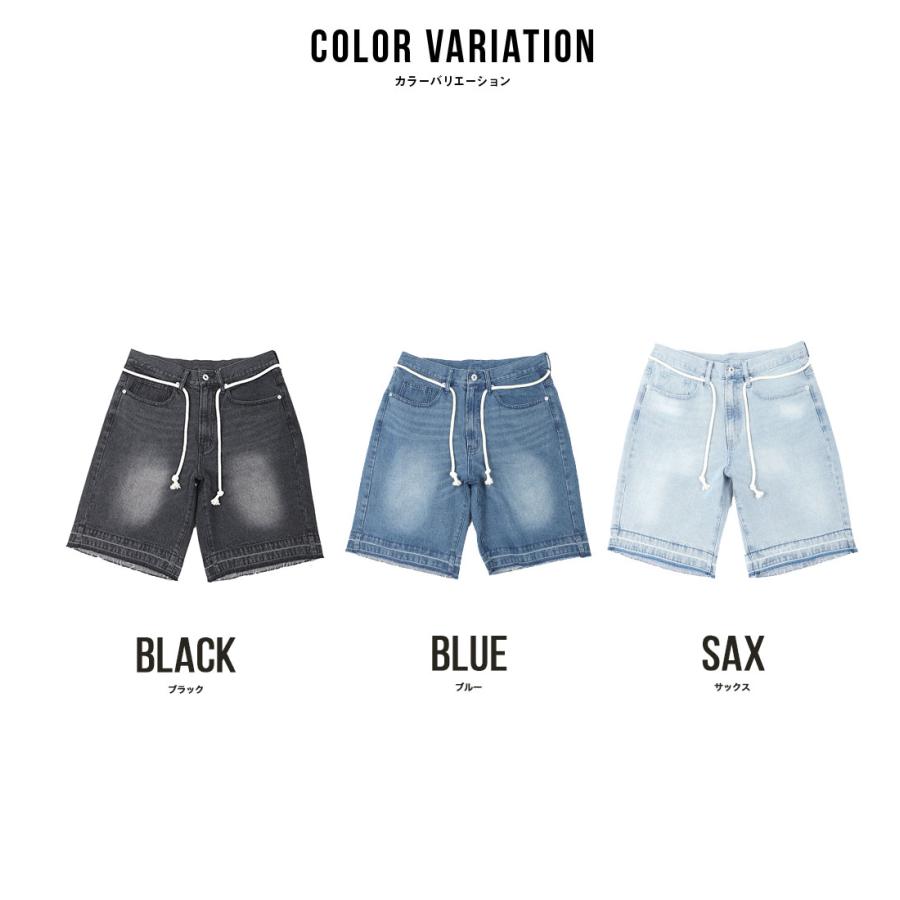 カットオフ デニム ハーフパンツ ベルト付き 裾フリンジ リラックス