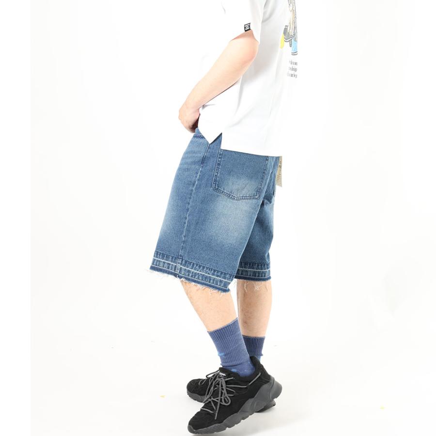 カットオフ デニム ハーフパンツ ベルト付き 裾フリンジ リラックス