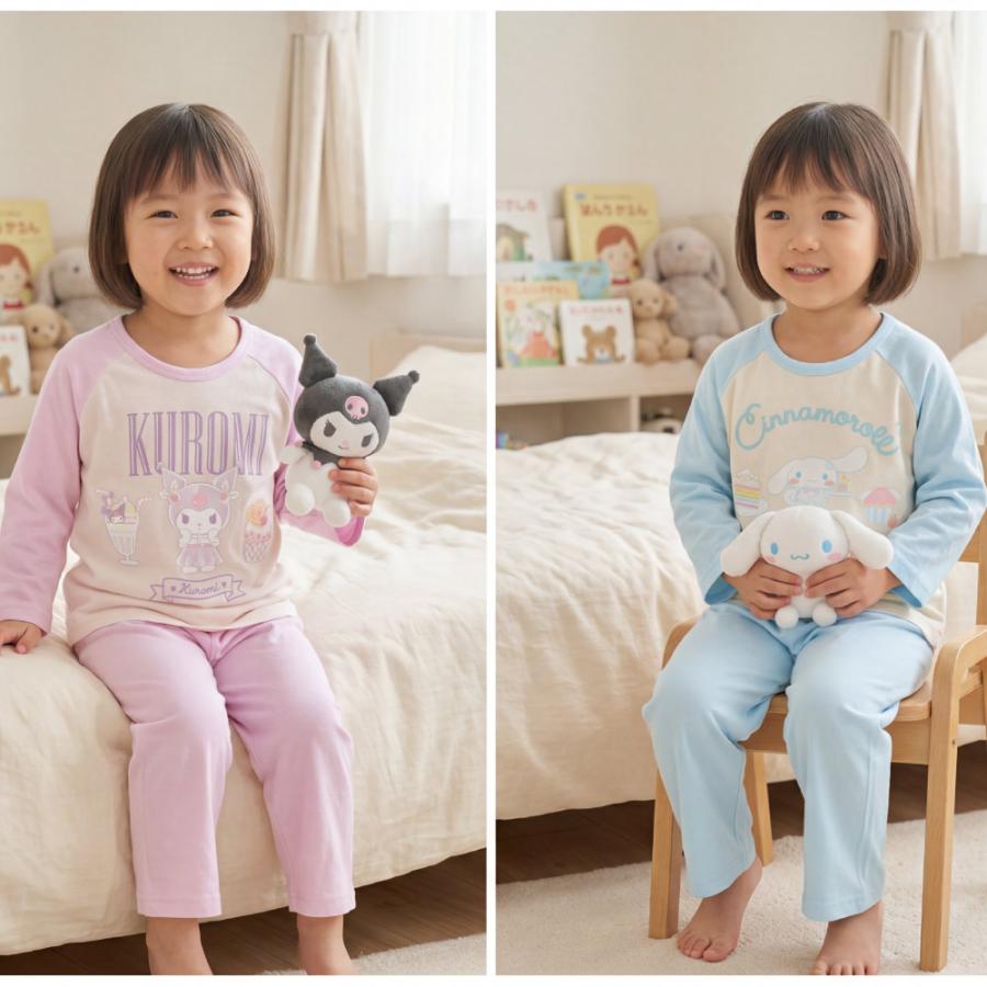 Blackberry×Sunonebirdパジャマセット00s 平成女兒y2k サンリオ キッズ パジャマ クロミ シナモン 女の子 長袖 Tシャツ 上下