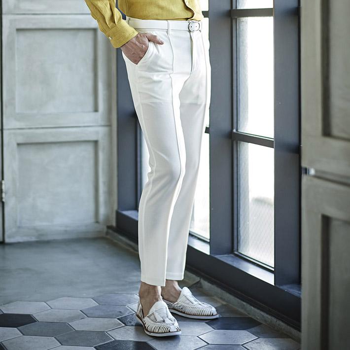 最新作の パンツ ストレッチ メンズ 清涼 マイクロ千鳥 ドビー織