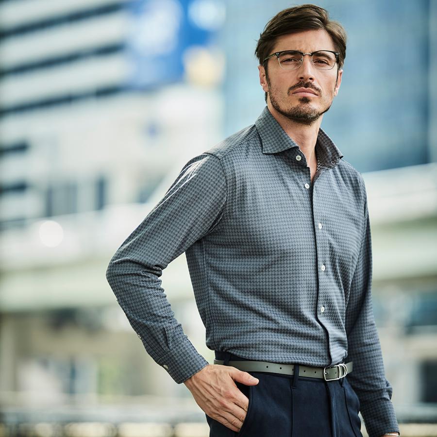 ジーステージ G-STAGE メンズ シャツ 千鳥柄 シャドー ストレッチ  