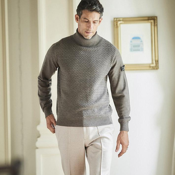 セーター メンズ ニット タートルネック キャッシュウール イタリア製生地 ゼニアバルファ 編み柄切り替え 秋冬 630701 G-stage ジーステージ イタリア製生地 stage
