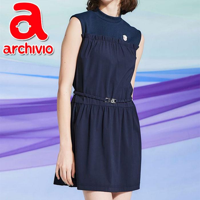 アルチビオ 春夏 ゴルフ レイヤード風ギャザーワンピース ノースリーブ レディース A451412 archivio（アルチビオ） 春夏 ゴルフ レイヤード風ギャザーワンピース