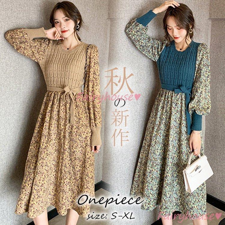 ワンピース レディース 40代 きれいめ マキシワンピース 秋服 長袖ワンピースコールテン花柄 ニット切り替え リボン Aラインスカート オシャレ大人 お出かけ Gt ヨシモンショップ 通販 Yahoo ショッピング