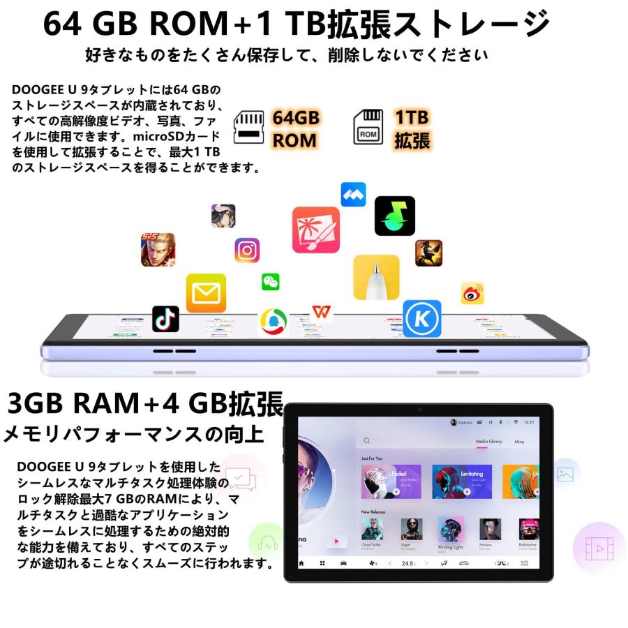 DOOGEE U9 Android 13 タブレット、10.1インチ タブレット 、7GB RAM +64GB ROM+1TB TF拡張、1280×8｜g2021｜03