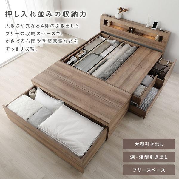 照明付 チェスト ベッド ダブル 薄型国産ポケットコイルマットレス付 ストーングレー 宮付 コンセント付 収納ベッド ベット_3