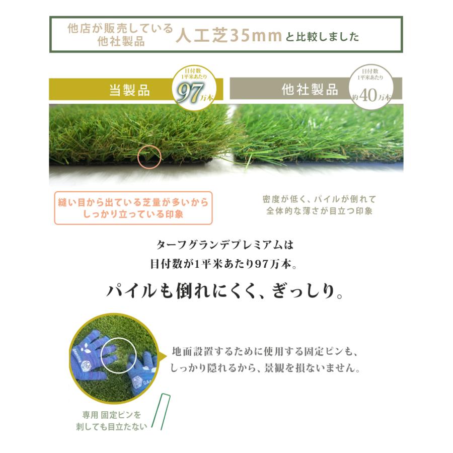 人工芝 ロール ピン 付 2m×10m 芝丈 35mm パイル 20平米 芝 マット リアル 高密度 ターフグランデ(R) ロング ピン100本 -法人限定(条件付き個人可)の画像