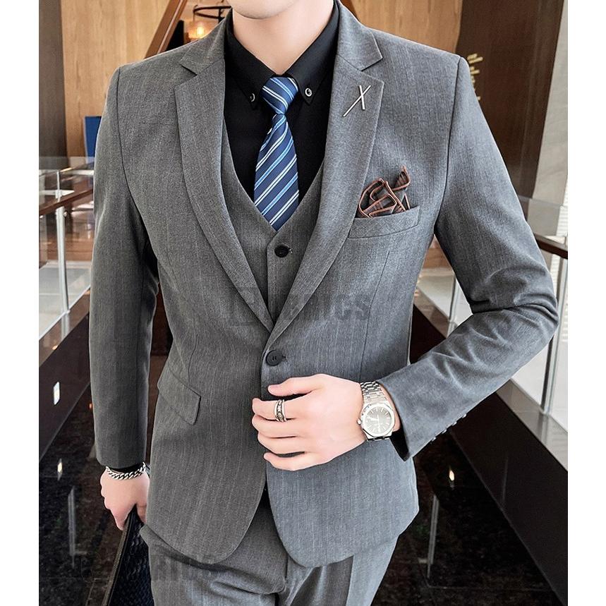 1つボタン 洗えるスーツ メンズスーツ ブレザー ストライプ柄 オールシーズン用 シングルスーツ ジャケット 総丈 ベスト3点セット 最も信頼できる