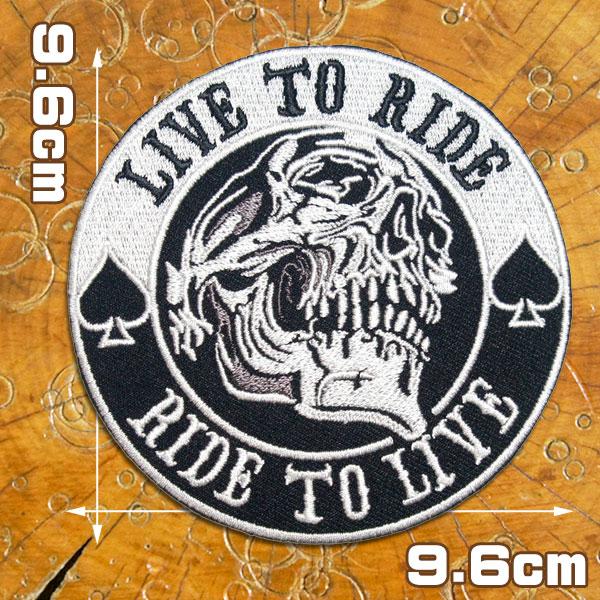 刺繍アイロンワッペン パッチ アップリケ【スカルバイカー LIVE TO 