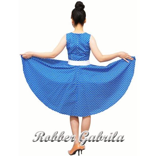 XL】【送料無料】ロカビリー・ワンピース パネルライン（水玉）青 ひざ