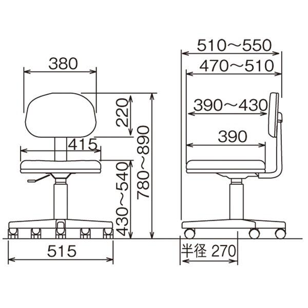 ナカバヤシ オフィスチェア・書斎用椅子 RZC-S12CGY 幅515×奥行550×高さ780〜890mm 送料無料(北海道 沖縄 離島を除く)の画像
