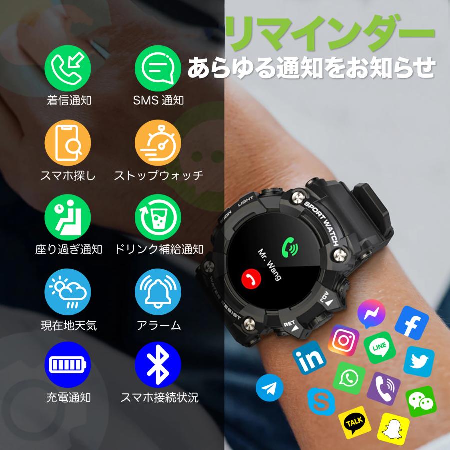 スマートウォッチ 日本語 タフネス ミリタリー アーミー iPhone Android IP68防水 大画面 スポーツ 睡眠 心拍数 血圧 血中酸素 歩数計 着信通知 FINERED GX-6｜gadgetgeeks｜14