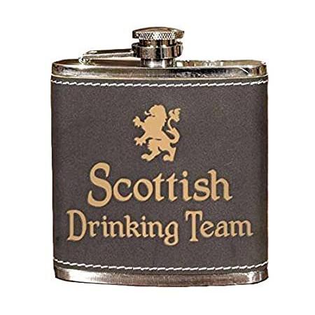 Scottish Drinking Team 6オンス ブラックレザー ステンレススチール ヒップフラスコ レーザー彫刻デザイン 漏れ防止 簡単に隠せ スキットル