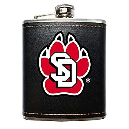 South Dakota Coyotes Black Leather Wrapped Stainless Steel 7 oz Flask スキットル