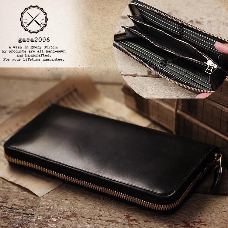 シェルコードバン ラウンドファスナー 長財布 ロングウォレット 革財布 ラウンドジッパー 手作り 手縫い 日本製  ガイア2096 シェルコードバン ラウンドファスナー 長財布 ロングウォレット 革財布