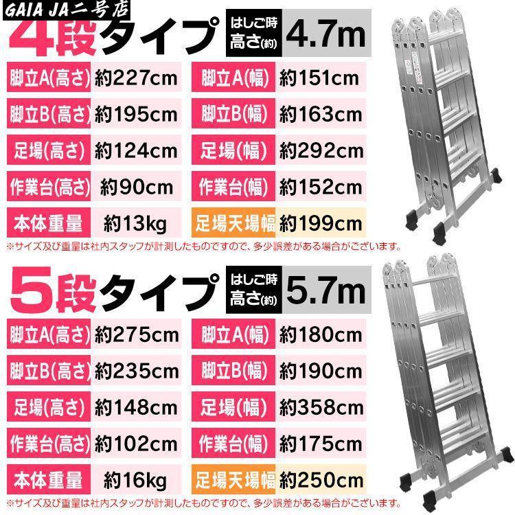 多機能 はしご アルミ 伸縮 脚立 作業台 梯子 足場 4段 4.7m 