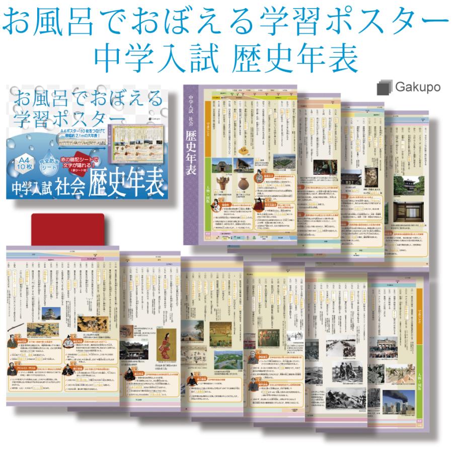 Gakupo お風呂でおぼえる学習ポスター 中学入試 社会歴史年表（暗記シート付） 防水 中学受験 社会 歴史 年表 | 