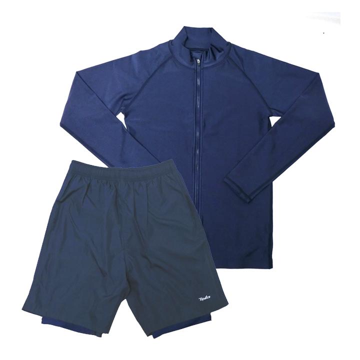 スクール水着 TOPACE 男女兼用 ニュートラル水着 学校指定 長袖トップス ハーフパンツ上下セット S-4L 紺 中学/高校 男子/女子 水泳着の画像