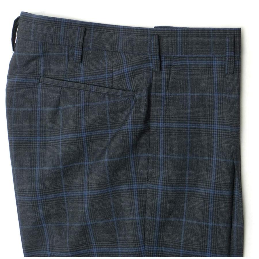 制服スラックス 夏用 濃グレーグレンチェック ブルーライン ワンタック