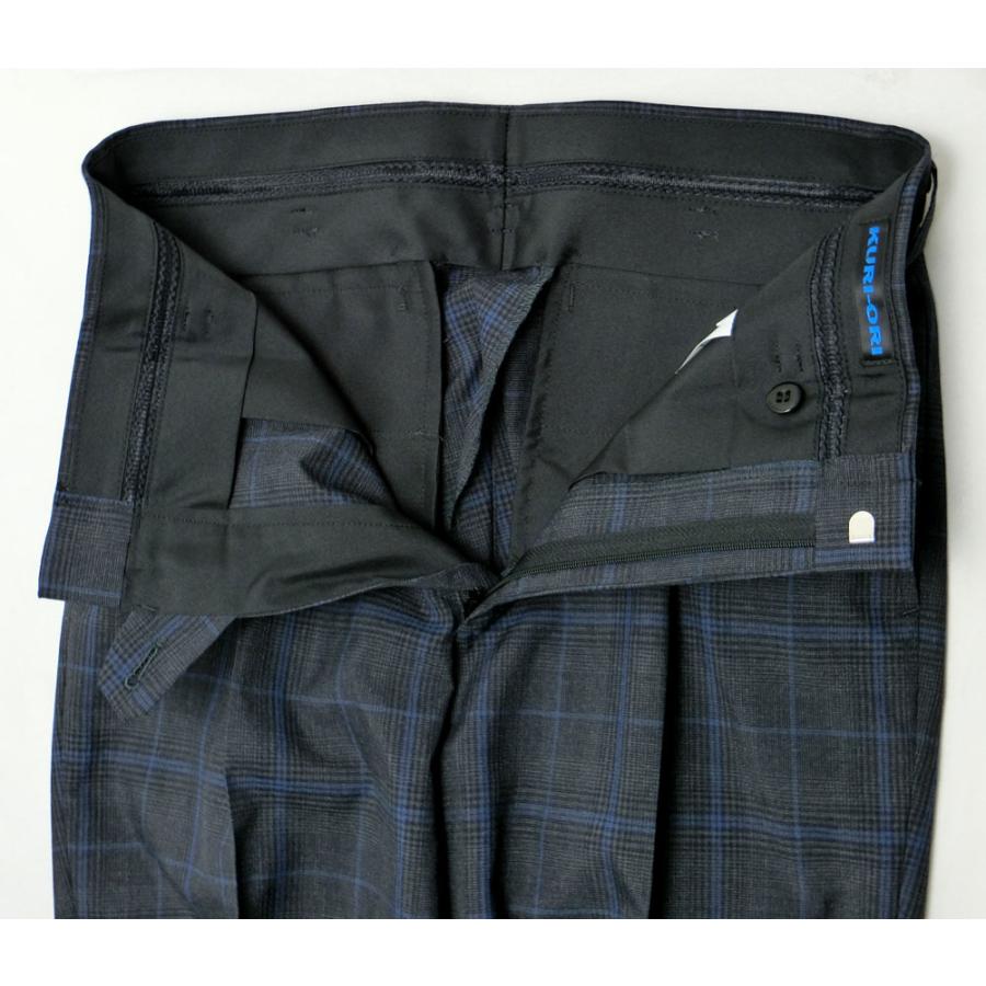 制服スラックス 夏用 濃グレーグレンチェック ブルーライン ワンタック