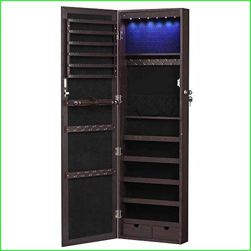 SONGMICS 6 LEDs Cabinet Lockable 47.3" H Wall/Door Mounted Jewelry Armoire Organizer with Mirror, 2 Drawers, Dark Brown UJJC93K LED
