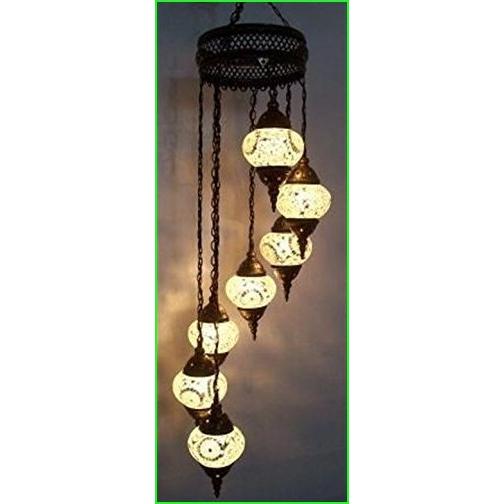 (税込) Authentic, Handmade, Mosaic Globes) 7 Silver, and (Gold Lights Night Style Moroccan/Ottoman Glass, Style Tiffany Chandelier, シャンデリア