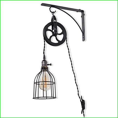 Rustic State Industrial Pulley Design Wall Sconces Pendant Lamp with 10 Feet Fabric Cord LED Edison Light Bulb in Black