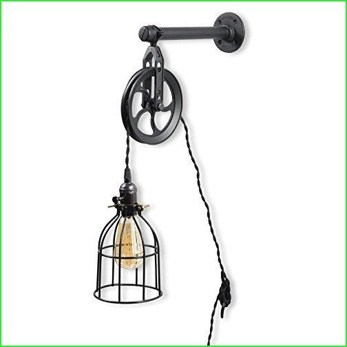 Rustic State Vintage Chic Unique Industrial Pipe and Pulley Design Wall Pendant Lamp with Fabric Cord LED Edison Light Bulb Included in Blac