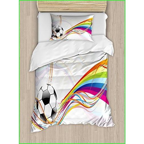 Ambesonne Soccer Duvet Cover Set, Rainbow Patterned Swirled Lines Abstract Football Pattern Colorful Stripes Design, Decorative Piece Bedd