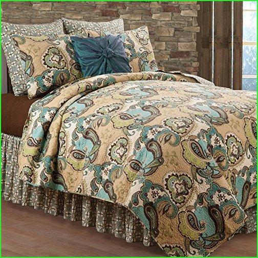 CF Home Kasbah Paisley Traditional Floral Teal Green Brown Reversible Machine Washable Full Queen Piece Cotton Quilt Sham Set Full Queen