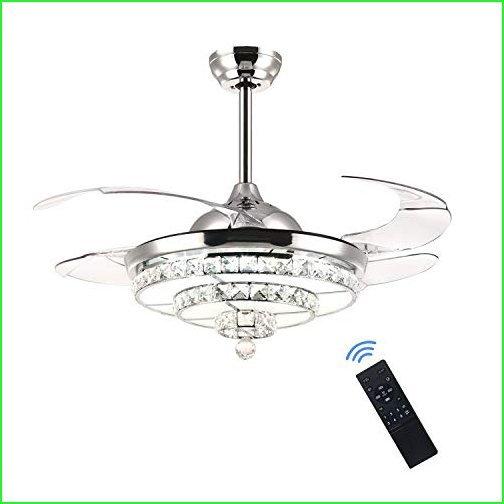 SILJOY Crystal Ceiling Fan with Lights Modern Fandelier Retractable Dimmable LED Chandelier Ceiling Light Fixture for Bedroom Dining Room Po