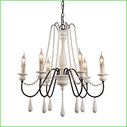JinYuZe Ceiling Light Fixture,French Country Candle-Style Wood Bead Swag 1-Tier 2-Tier Wooden Chandelier,6 Lights,White
