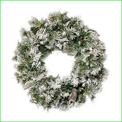 Christopher Knight Home 307397 24" Mixed Spruce Christmas Wreath w 50 Warm White LED Lights, Flocked Snow and Glitter Branches, Pinecones